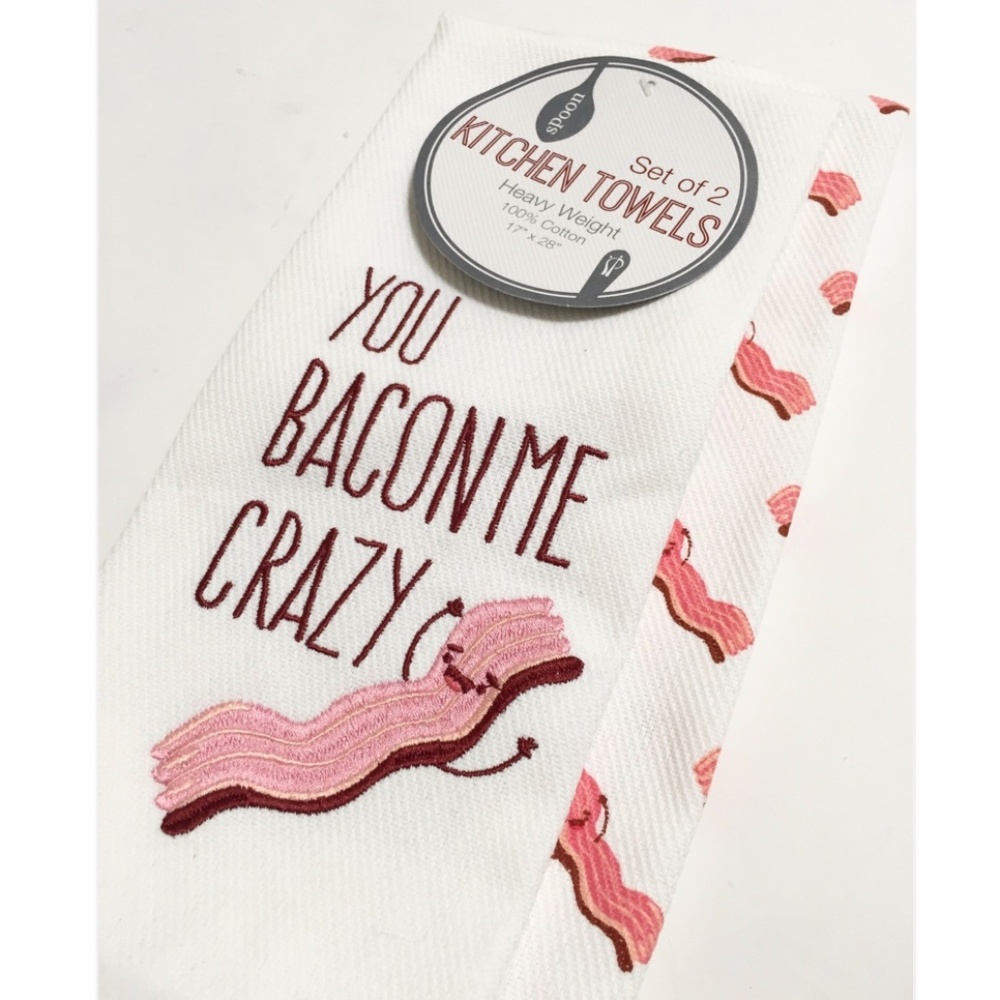 Spoon Bacon Kitchen Towel 2pc Set White Embroidered “You Bacon Me Crazy” NWT